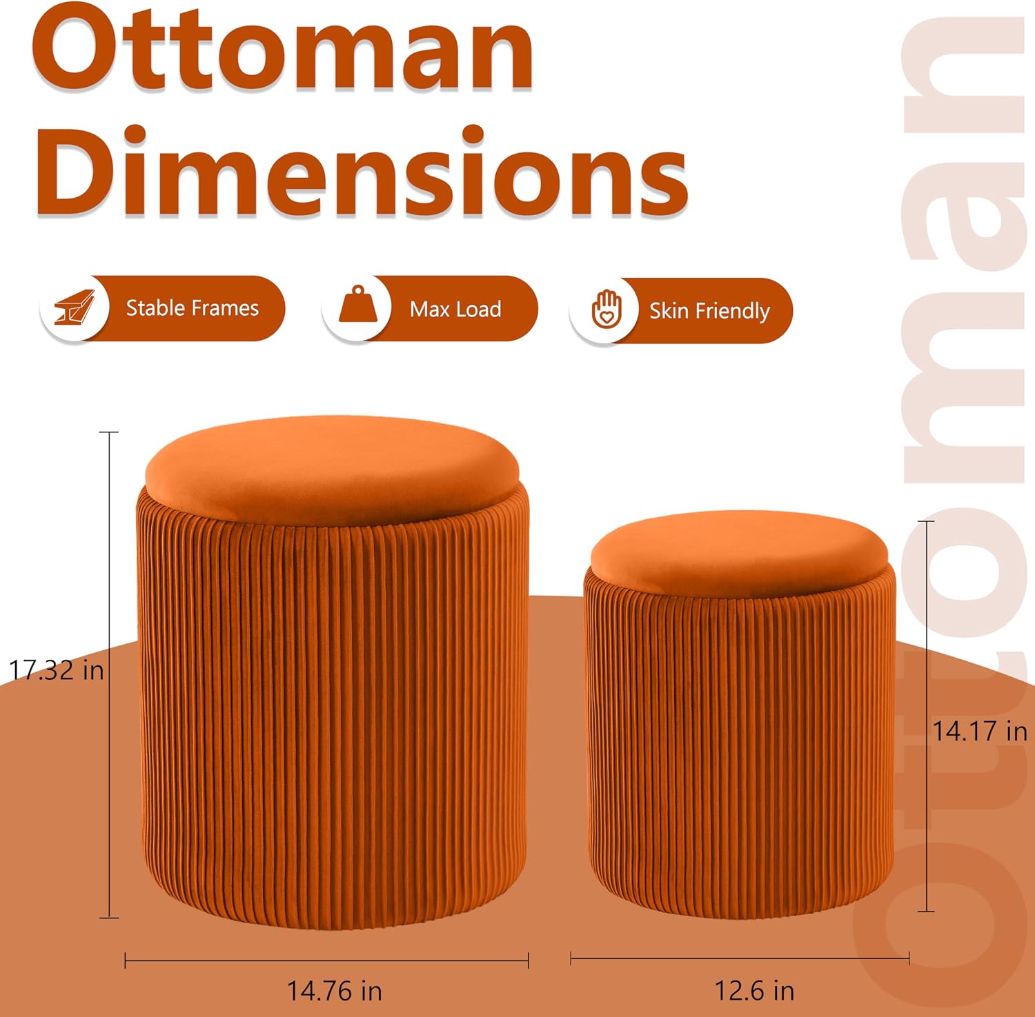 Royal Windsor Round Ottoman with Storage Set of 2, Storage Vanity Stool | Velvet Upholstered Round Storage Ottoman, Ottoman Coffee Table, Small Foot Stool for Living Room & Bedroom, Orange