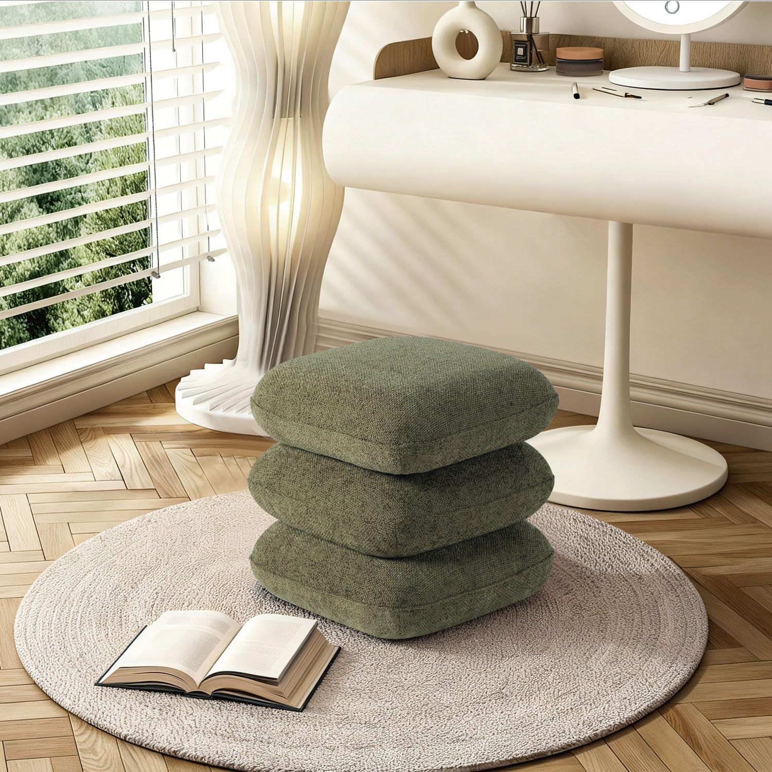 Get Set Style 360° Swivel Linen Ottoman, Modern Upholstered Foot Stool, Multifunctional Vanity Chair Accent Stool for Small Space, Living Room, Bedroom, Entryway, Olive Green