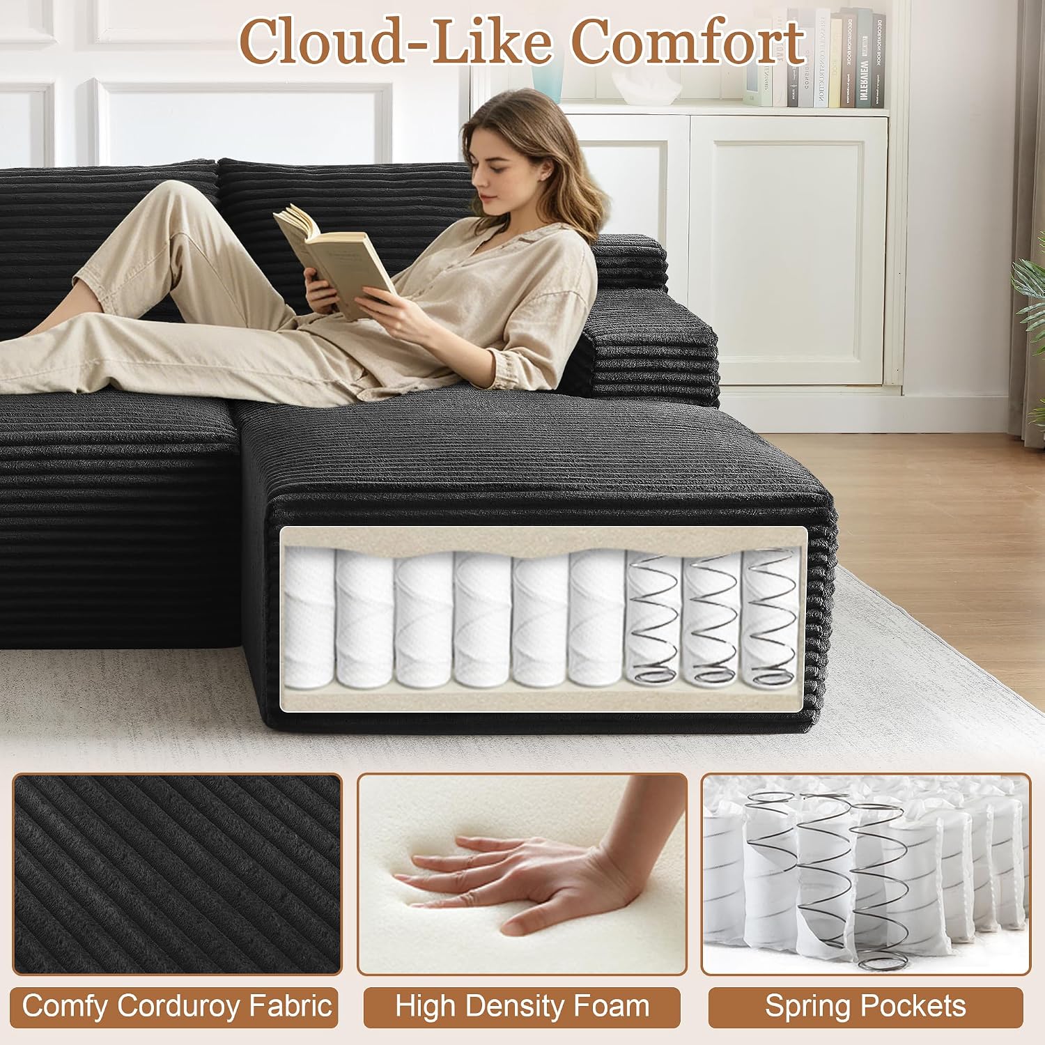 96" Sectional Sofa Cloud Couch with Deep Seat, Modern L-Shape Compressed Sofa Couch with Right Facing Chaise,Upholstered Couches for Living Room