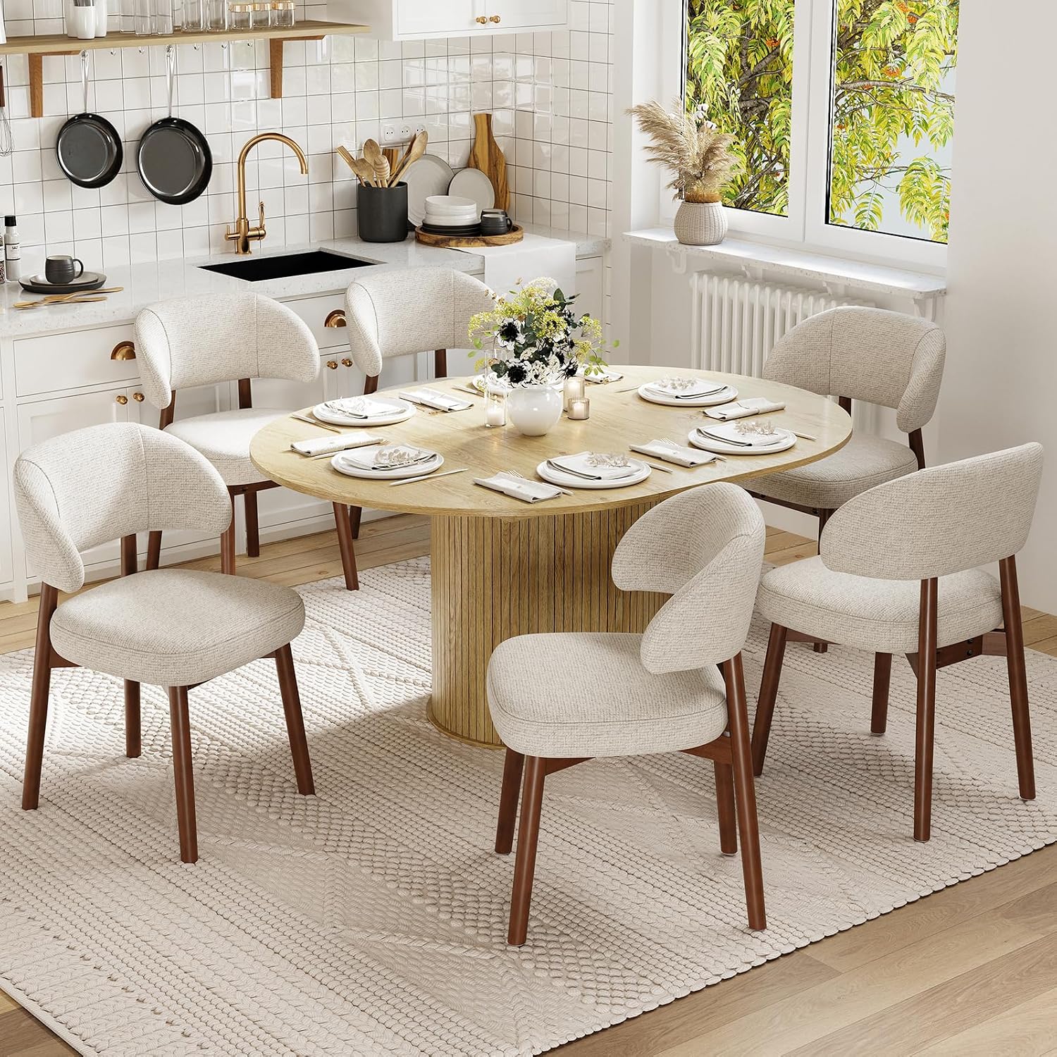 MALOL 47"-63" Extendable Round to Oval Dining Table Chairs Set for 4-8, Modern Wooden Kitchen Table and Chairs with Hidden Storage and Fluted Design for Dining Room/Small Space(Natural Wood and Brown)