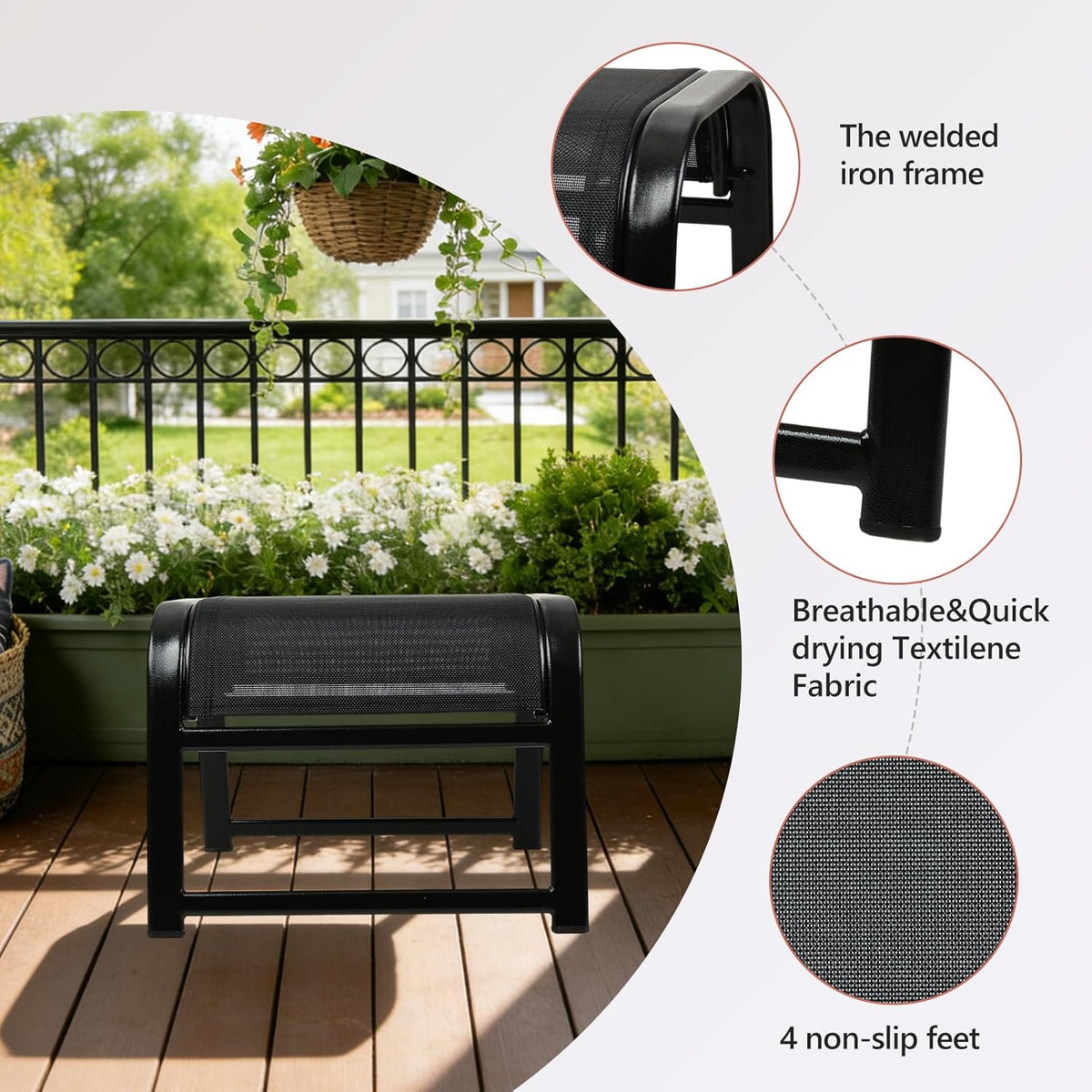Assembled Patio Outdoor Ottoman 2 Set, Portable Footstools Textliene Metal Foot Rest Black