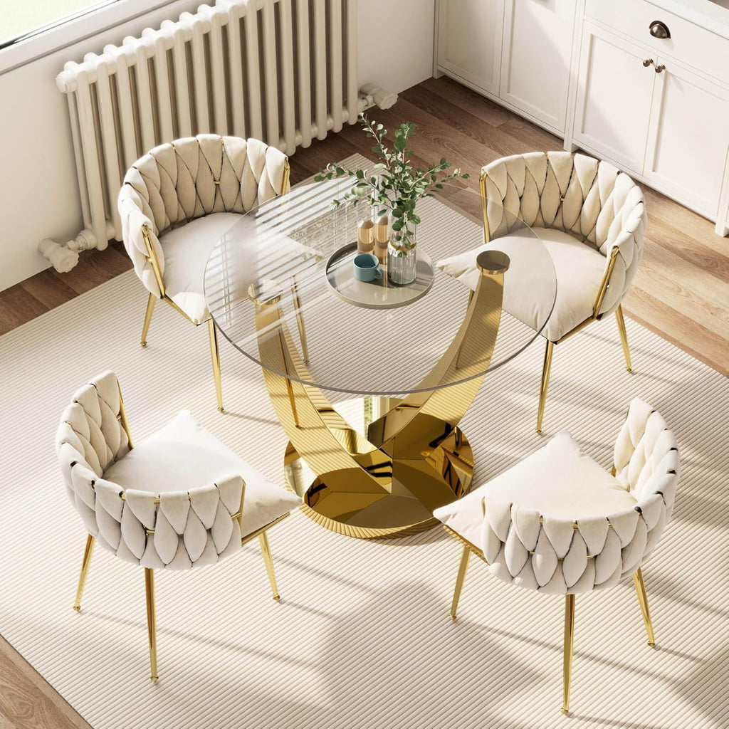 38.9" Round Glass Dining Table for 2-4, Modern Glass Dining Room Table with Tempered Glass Top & Stainless Steel Legs, Round Kitchen Table for Small Space, Apartment(Gold)