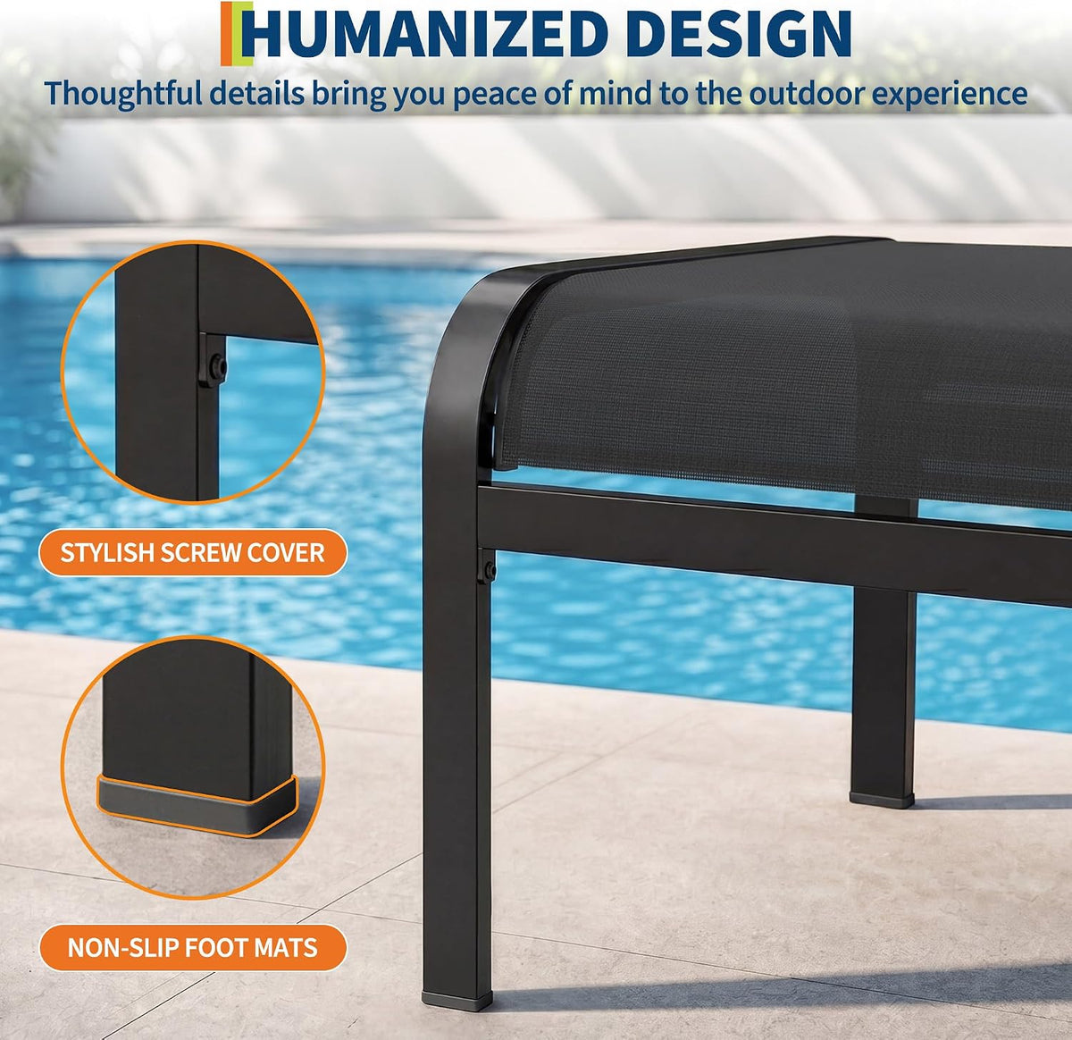 Outdoor Ottoman Set of 2, Outdoor Foot Stool with Textliene Fabric, Metal Frame, Stackable Oversized Foot Rest for Patio Garden Pool, Black