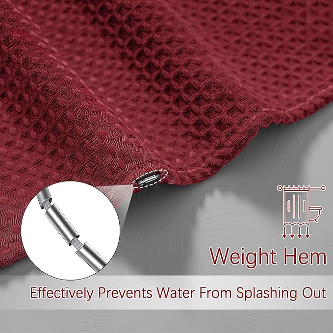 Long Burgundy Fabric Shower Curtain - Waffle Textured Tall Heavy Duty Cloth Shower Curtains for Bathroom, 256GSM Large Hotel Spa Luxury Bath Curtain Set with 12 Hooks(72Wx78H, Burgundy)