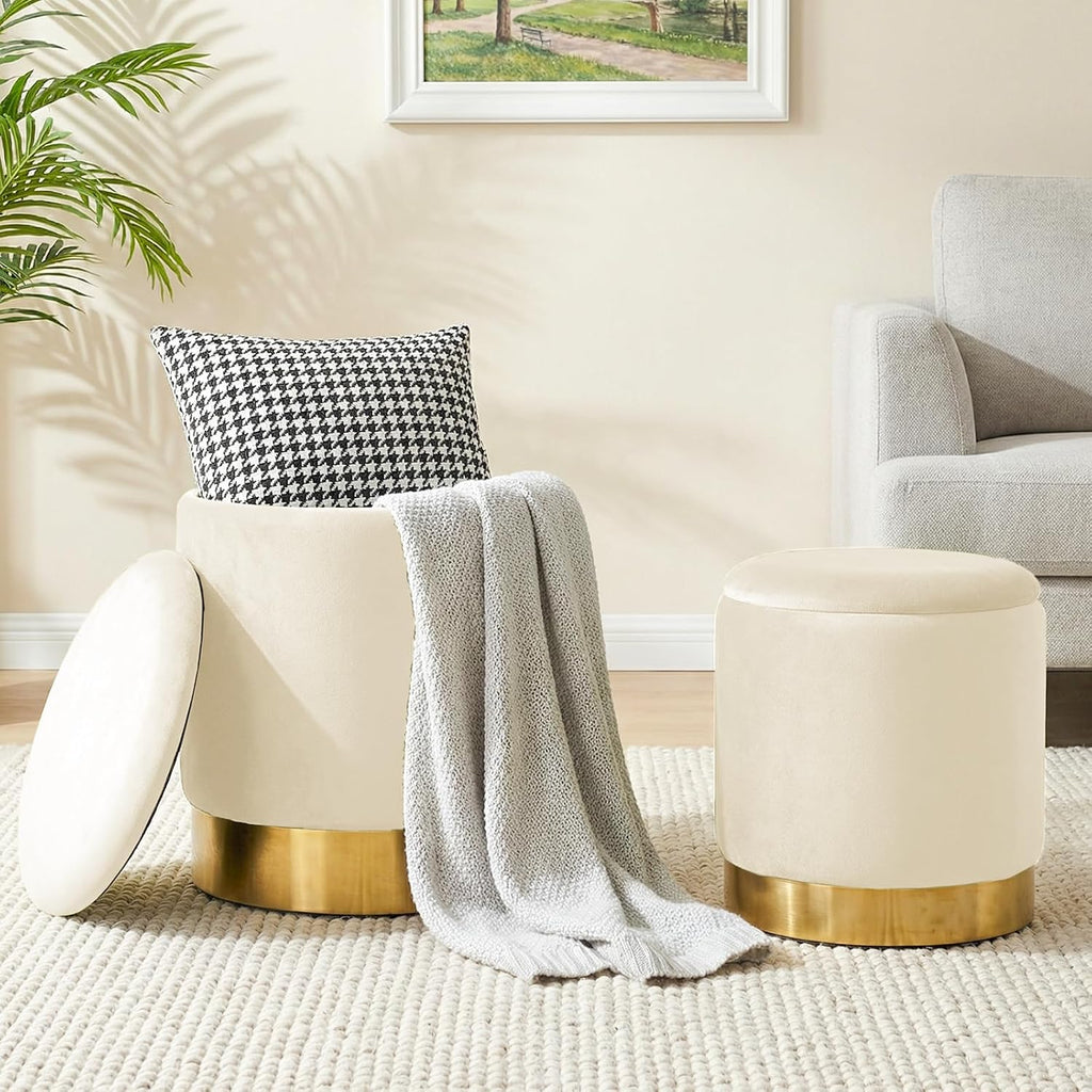 Round Ottoman with Storage Set of 2, Vanity Foot Stool with Storage, Nesting Upholstered Small Ottoman Foot Rest with Gold Plating Base for Room, Bedroom, Dorm, White Velvet Ottomans