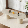 63"-94" Large Oval Extendable Dining Table for 6 8 10, Faux Travertine Expandable Kitchen Table with Fluted Cylindrical Storage Base, Modern Farmhouse Expanding Table for Dinner Party Family Gathering