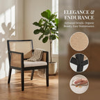 VESCASA Rattan Dining Chairs with Armrest, Padded Upholstered Linen Cream Cushion Dining Chairs with Wood Legs for Dining Room, Kitchen, Set of 4, Black Frame