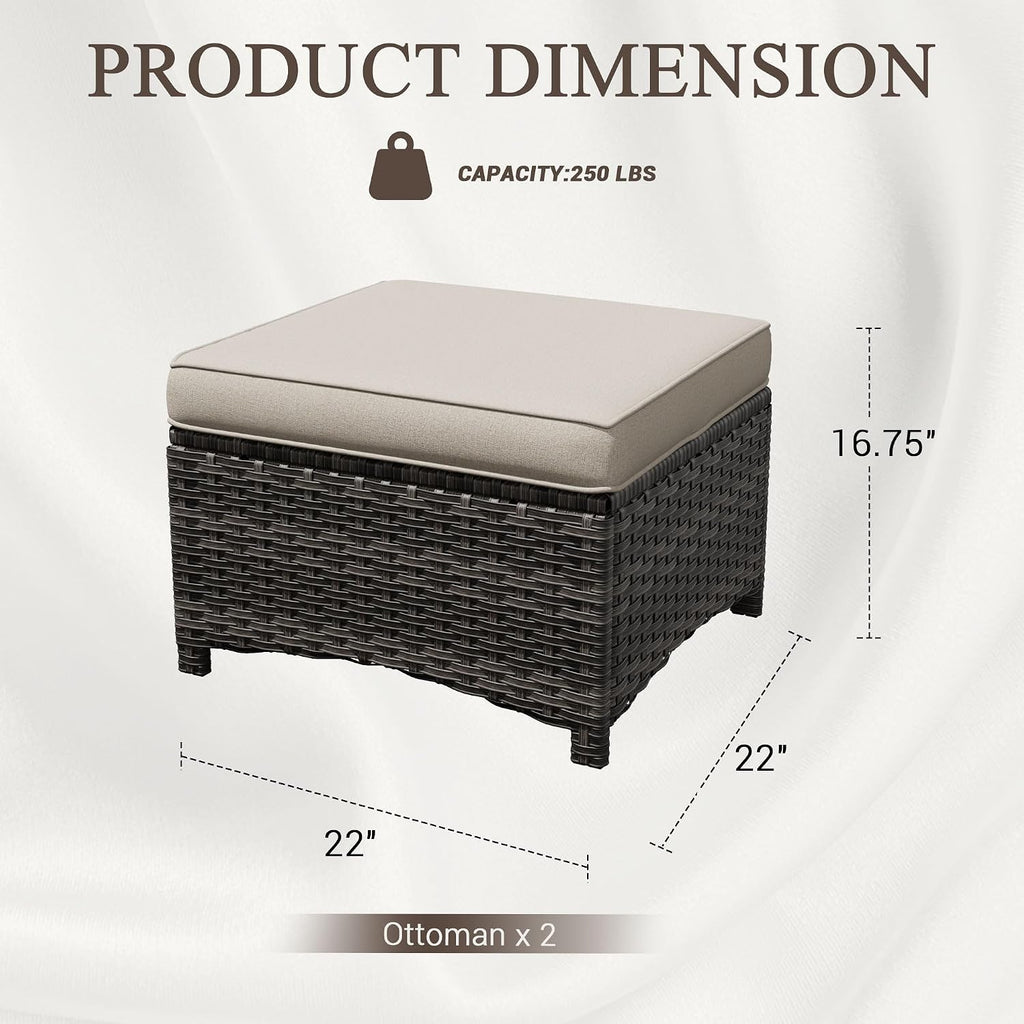 Outdoor Wicker Ottoman Set of 2, Patio Swivel Rattan Ottoman with Thick Cushions, Ideal for Backyard, Garden, Poolside, Beige