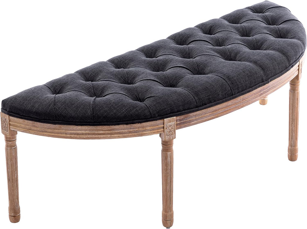 chairus 55" Button Tufted Semi-Circle Dining Bench Linen Halfmoon Entryway Bench Comfy Upholstered Bench Seat for Bay Window/Bedroom End of Bed/Living Room/Indoor, Charcoal Black