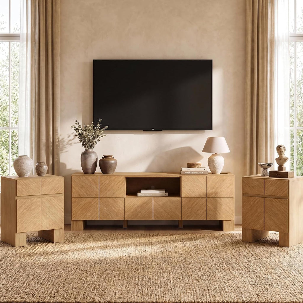 ModernMate Living Room Table Sets of 3, 70" Modern TV Stand & 2 Nightstands with Drawer, Wood Living Room Set with Charging Station & USB Ports, Chevron Pattern Design, Thick Legs, Natural Oak