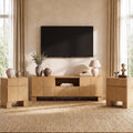 ModernMate Living Room Table Sets of 3, 70" Modern TV Stand & 2 Nightstands with Drawer, Wood Living Room Set with Charging Station & USB Ports, Chevron Pattern Design, Thick Legs, Natural Oak