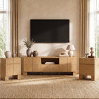ModernMate Living Room Table Sets of 3, 70" Modern TV Stand & 2 Nightstands with Drawer, Wood Living Room Set with Charging Station & USB Ports, Chevron Pattern Design, Thick Legs, Natural Oak