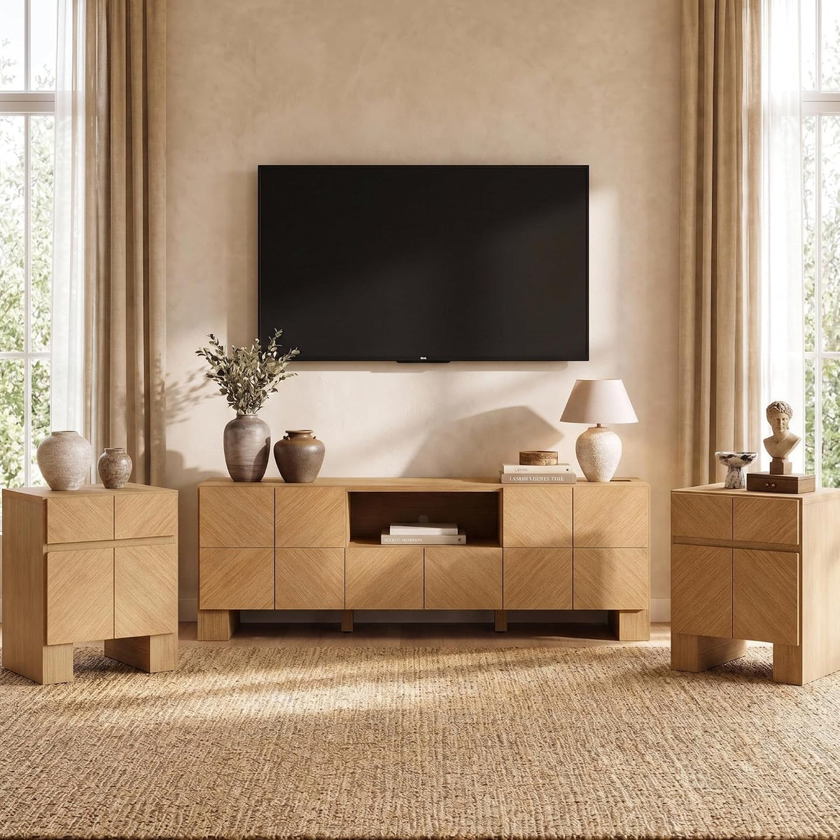 ModernMate Living Room Table Sets of 3, 70" Modern TV Stand & 2 Nightstands with Drawer, Wood Living Room Set with Charging Station & USB Ports, Chevron Pattern Design, Thick Legs, Natural Oak
