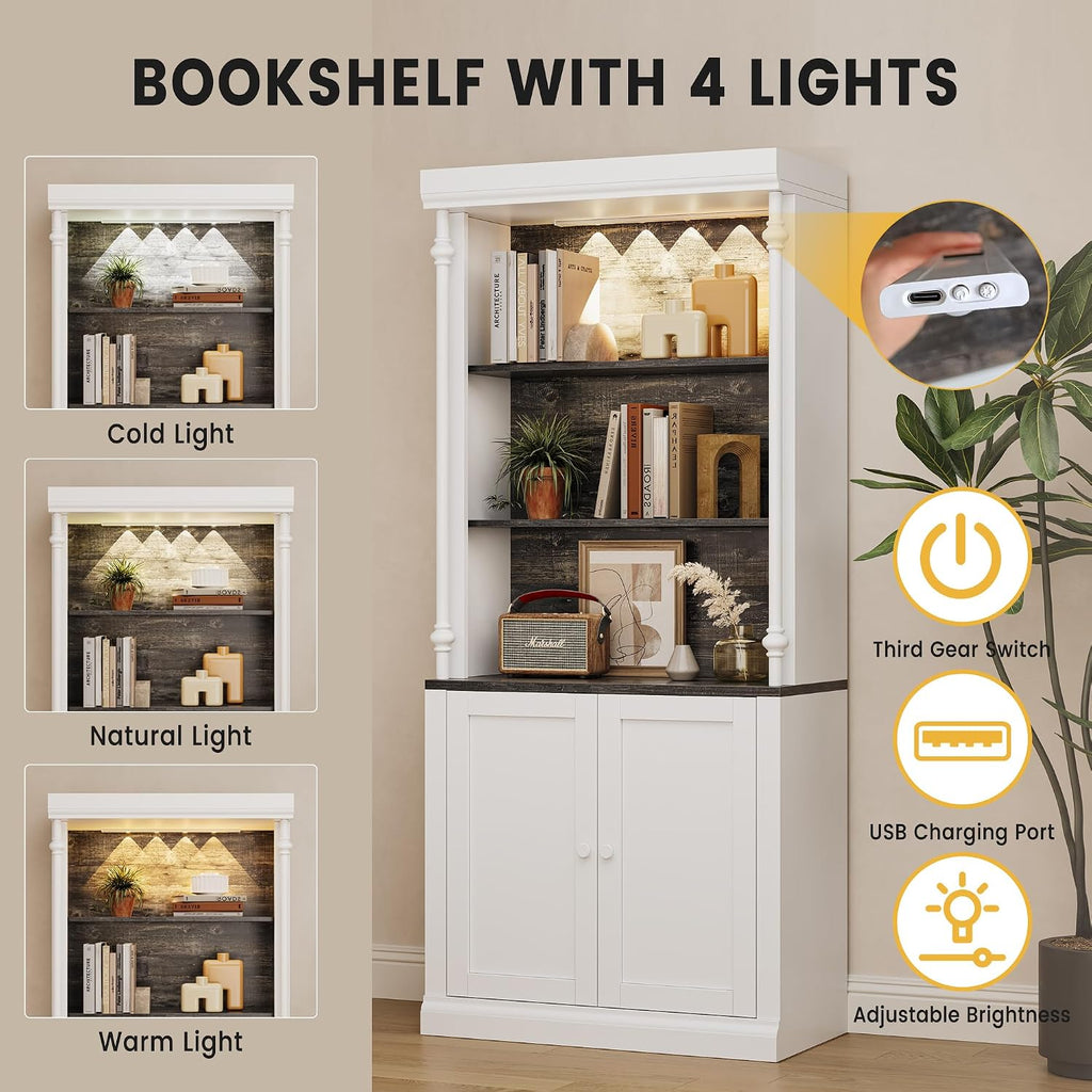 GAOMON 71" Tall Pantry Cabinet with LED Lights, Freestanding Storage Cabinets with Hutch, Kitchen Pantry with 2 Doors and Adjustable Shelves for Dining Room, Living Room