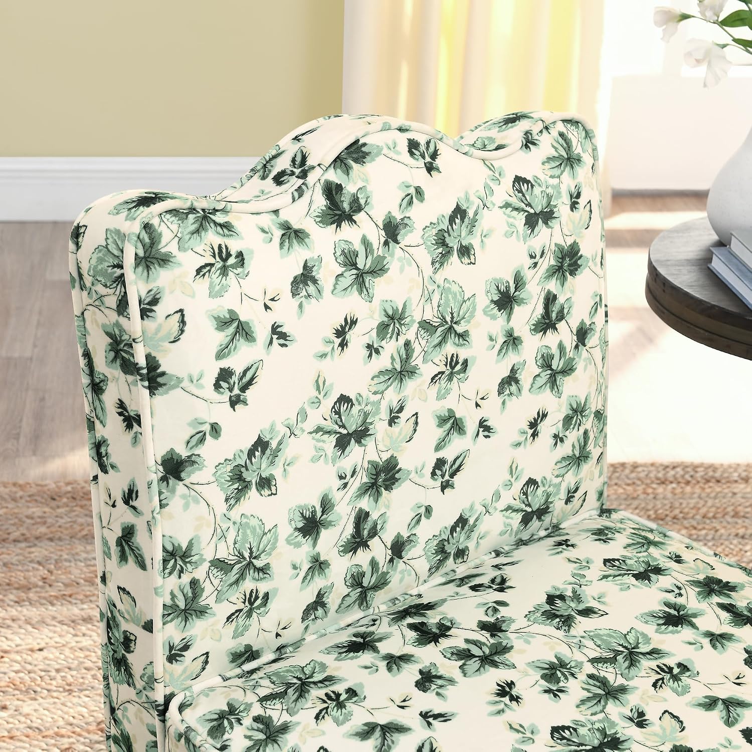Ball & Cast Flannel Upholstered Armless Chair, Classic American Style Flower Design Fabric Dining Chair, Comfy Farmhouse Accent Chair with Padded Seat and Backrest for Living Room Kitchen, Green