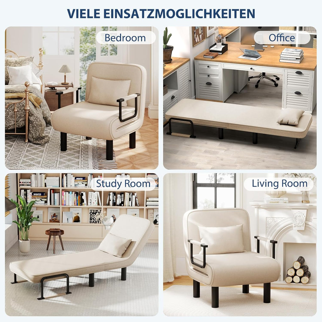 Furniliving 4 in 1 Folding Sofa Bed Chair, Convertible Sleeper Chair Bed with 6-Position Adjustable Backrest, Upholstered Chaise Lounge with Pillow, Accent Chairs for Bedroom, Linen, Beige