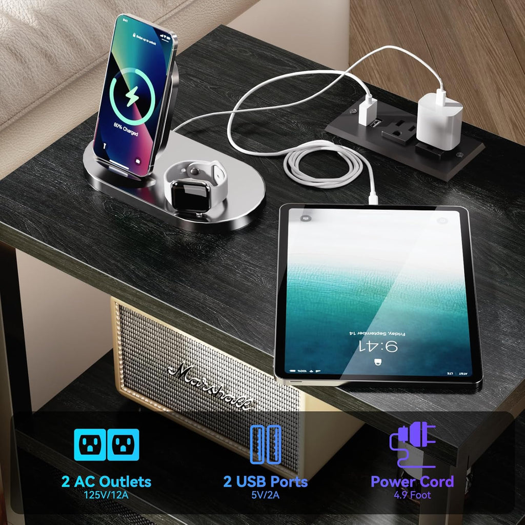 Furologee Nightstands Set of 2, End Tables with Charging Station and LED Lights, Black Night Stands with 2 Fabric Drawers, Bedside Tables Set of 2 for Living Room/Bedroom,Black Oak