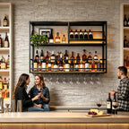 Metal Wall Mounted Liquor Shelf with LED, 31.5in Black (31.5in/80cm) | Floating shelf w/wine glass rack, 45° adjustable step display rack (L-R), for Kitchen/Bar/Cafe/Shop