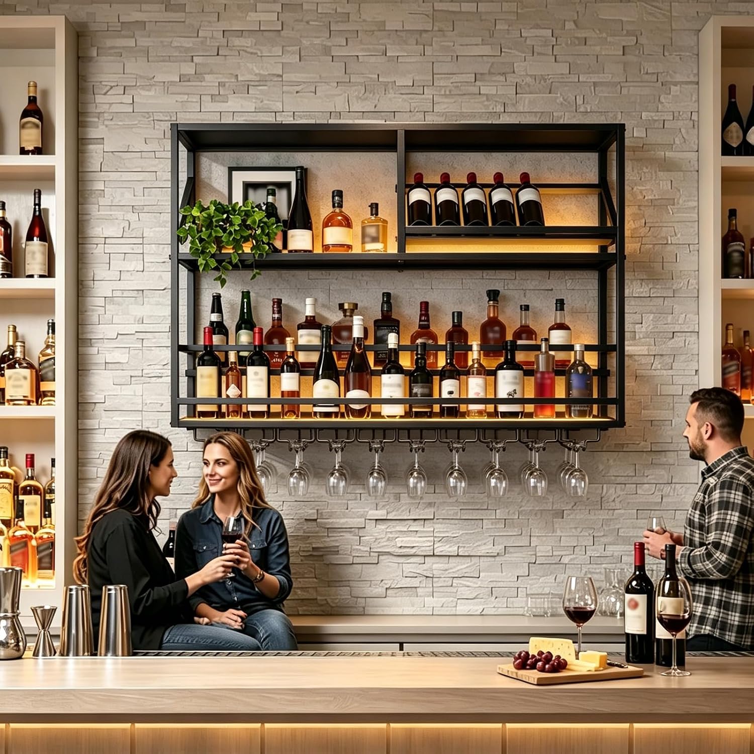 Metal Wall Mounted Liquor Shelf with LED, 31.5in Black (31.5in/80cm) | Floating shelf w/wine glass rack, 45° adjustable step display rack (L-R), for Kitchen/Bar/Cafe/Shop