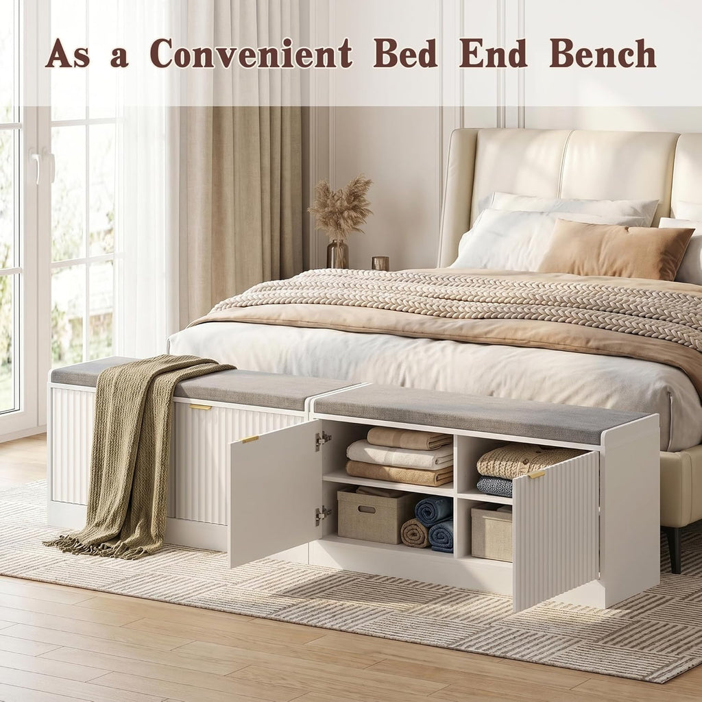 Fluted Shoe Storage Bench with Cushion, 2-Tier Entryway Shoe Bench with Adjustable Shelves, Hidden Shoe Cabinet Bench with 2 Doors for Hallway, Living Room, Bedroom End of Bed,White
