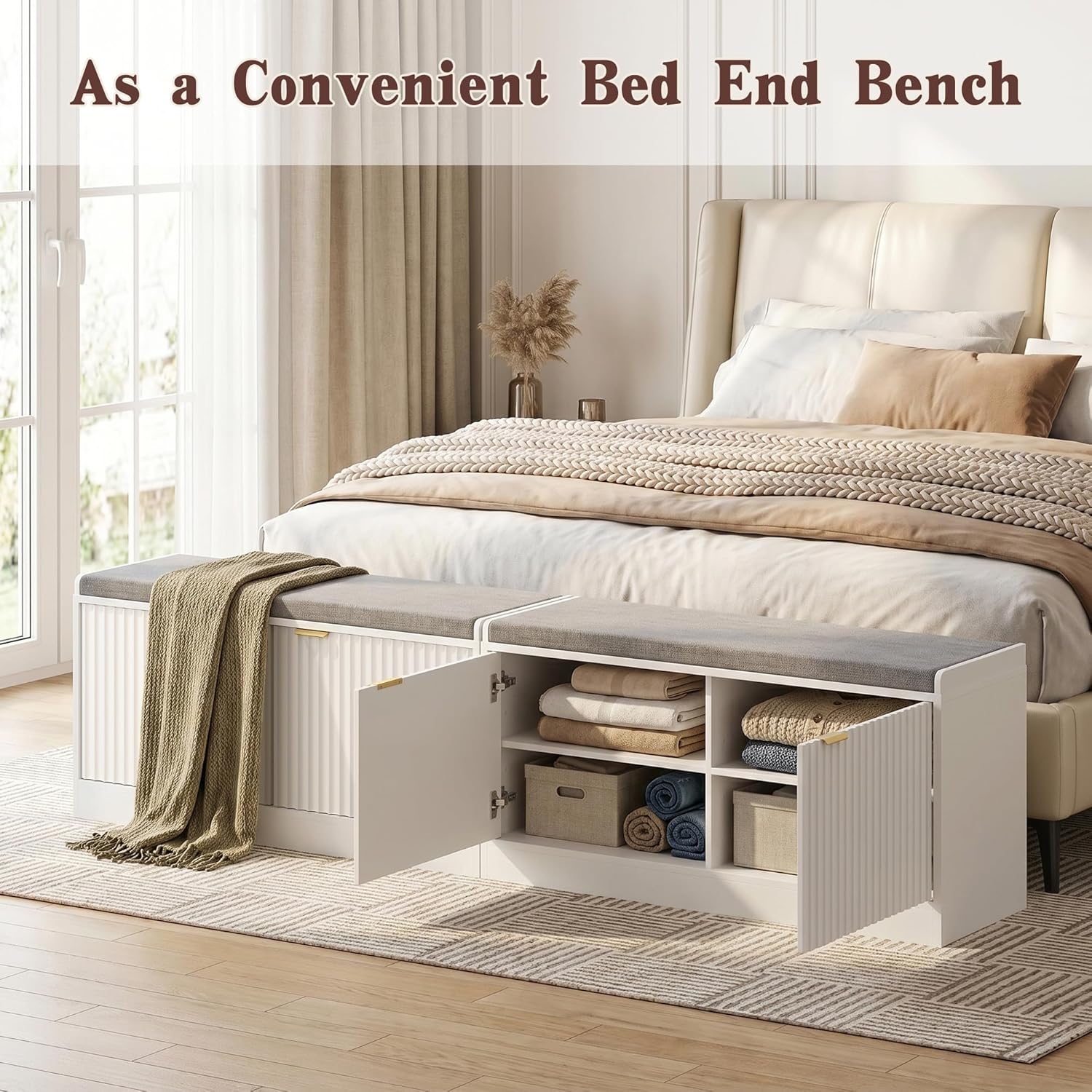Fluted Shoe Storage Bench with Cushion, 2-Tier Entryway Shoe Bench with Adjustable Shelves, Hidden Shoe Cabinet Bench with 2 Doors for Hallway, Living Room, Bedroom End of Bed,White