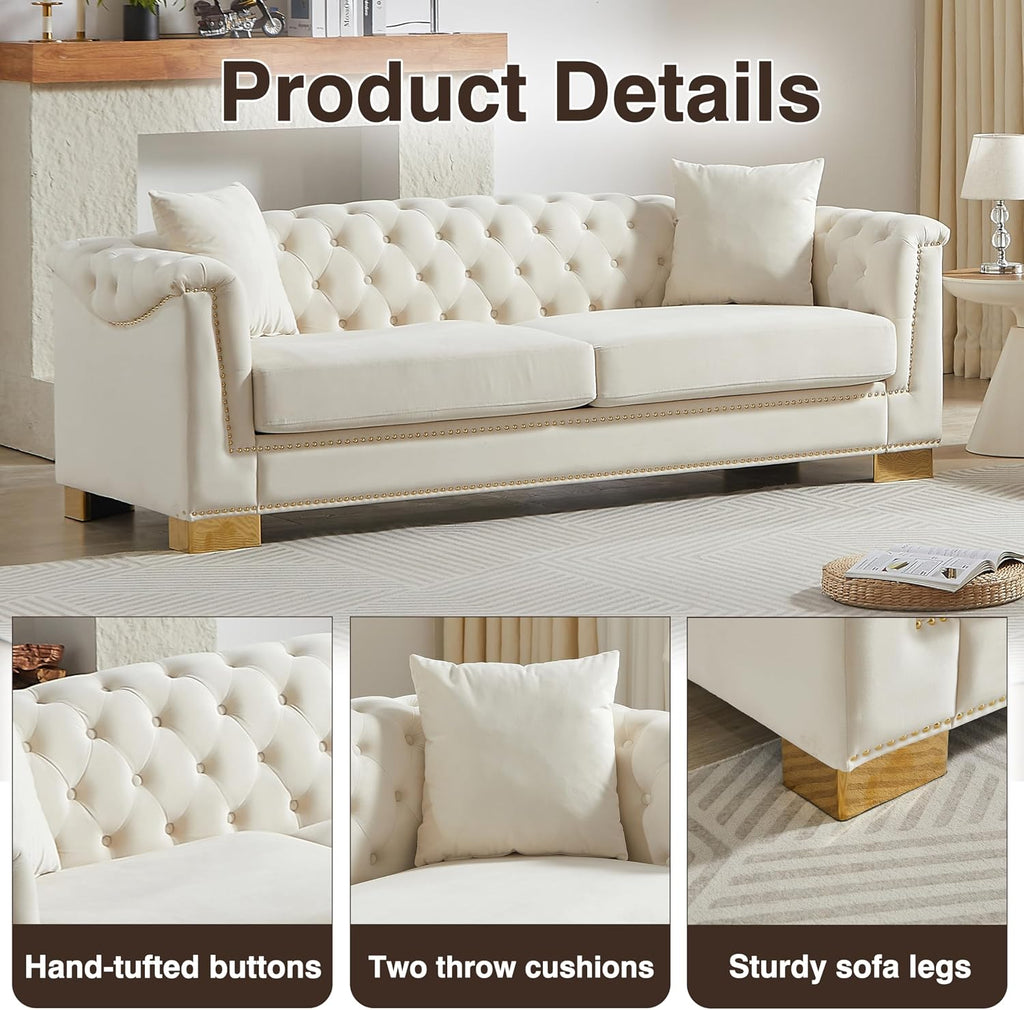 Harper & Bright Designs 84" Classic Modern Chesterfield Sofa - Velvet 3-Seater Couch with Rolled Arms, Tufted Back & Studs for Living Room - Beige
