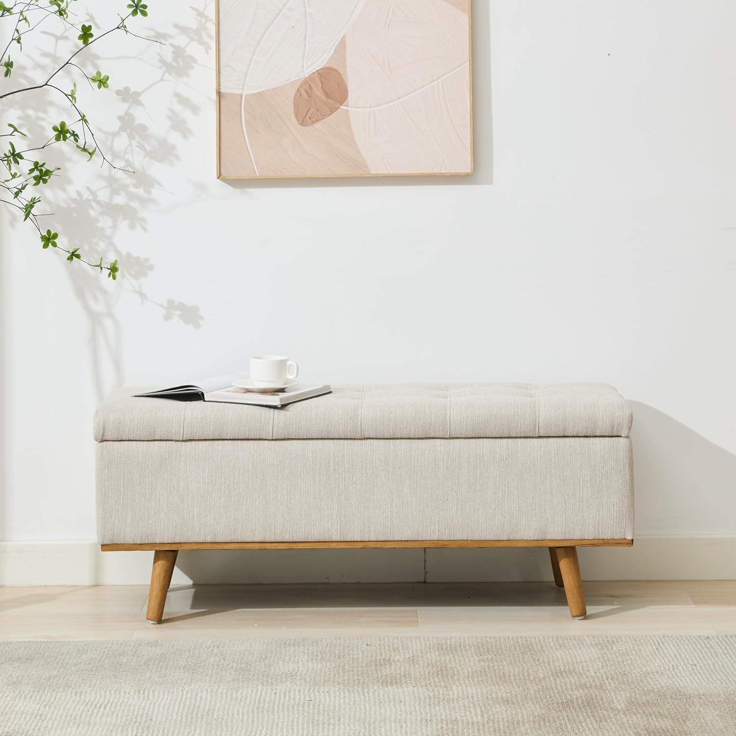 Storage Ottoman Bench, 45" End of Bed Bench, Beige | Hidden Storage Space, Linen Upholstery, Padded Cushion Top, Solid Wood Legs, 350 LBS Weight Capacity
