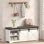 Farmhouse Storage Bench with Cushion, 47.2" Shoe Bench with Slide Barn Doors and Adjustable Shelves, Entryway Bench with Storage for Bedroom, Closet, Living Room, Hallway, White