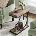 Tribesigns Narrow Side Table for Couch, C Shaped End Table with Metal Frame, Farmhouse Bedside Tables, Small Sofa Tables for Small Spaces, Living Room (1, Gray+Black)
