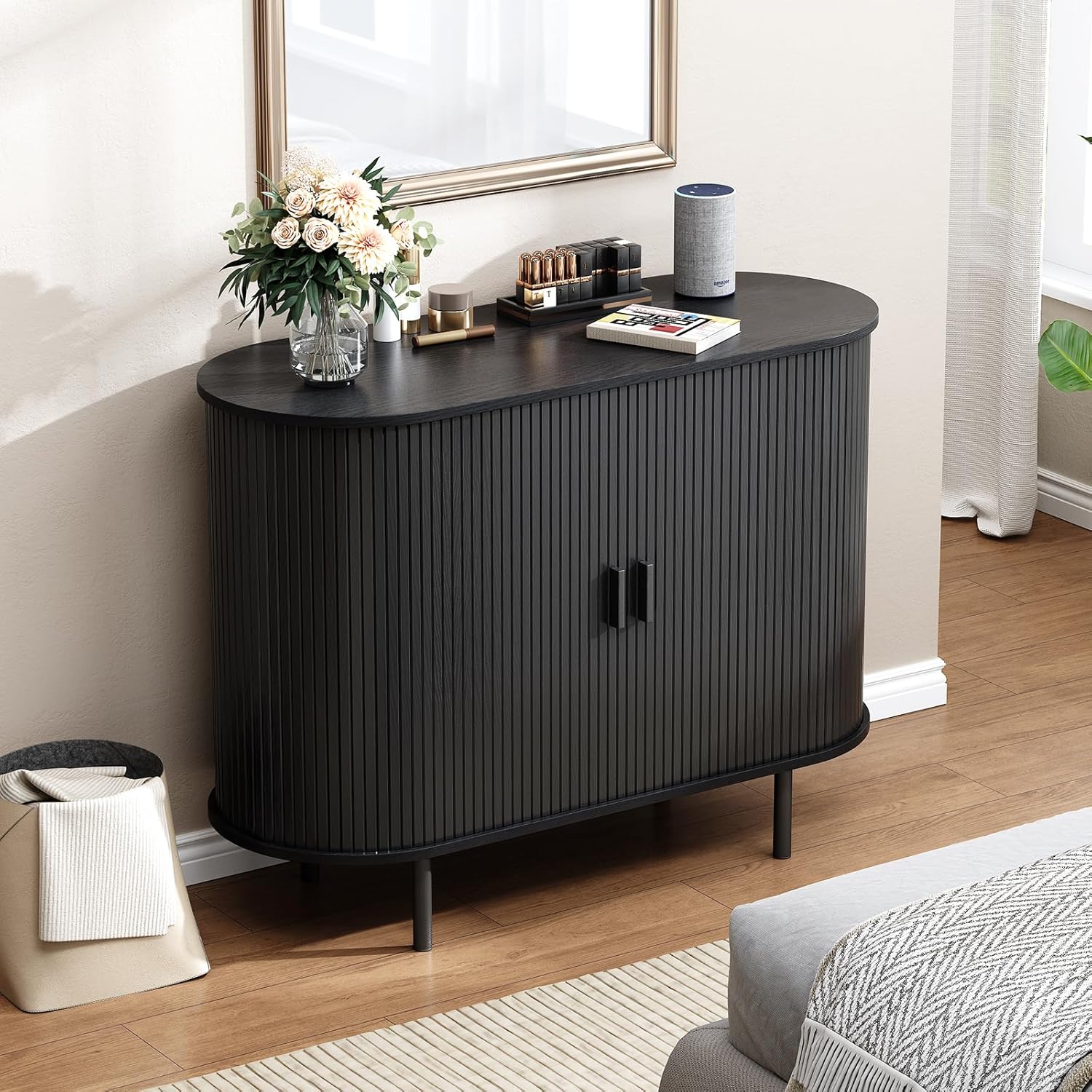 Buffet Cabinet with Storage, Fluted Sideboard Buffet with Sliding Door, Coffee Bar Cabinet with Adjustable Shelf, Console Table, Accent Table for Entryway, Kitchen (Black, 40 Inch)