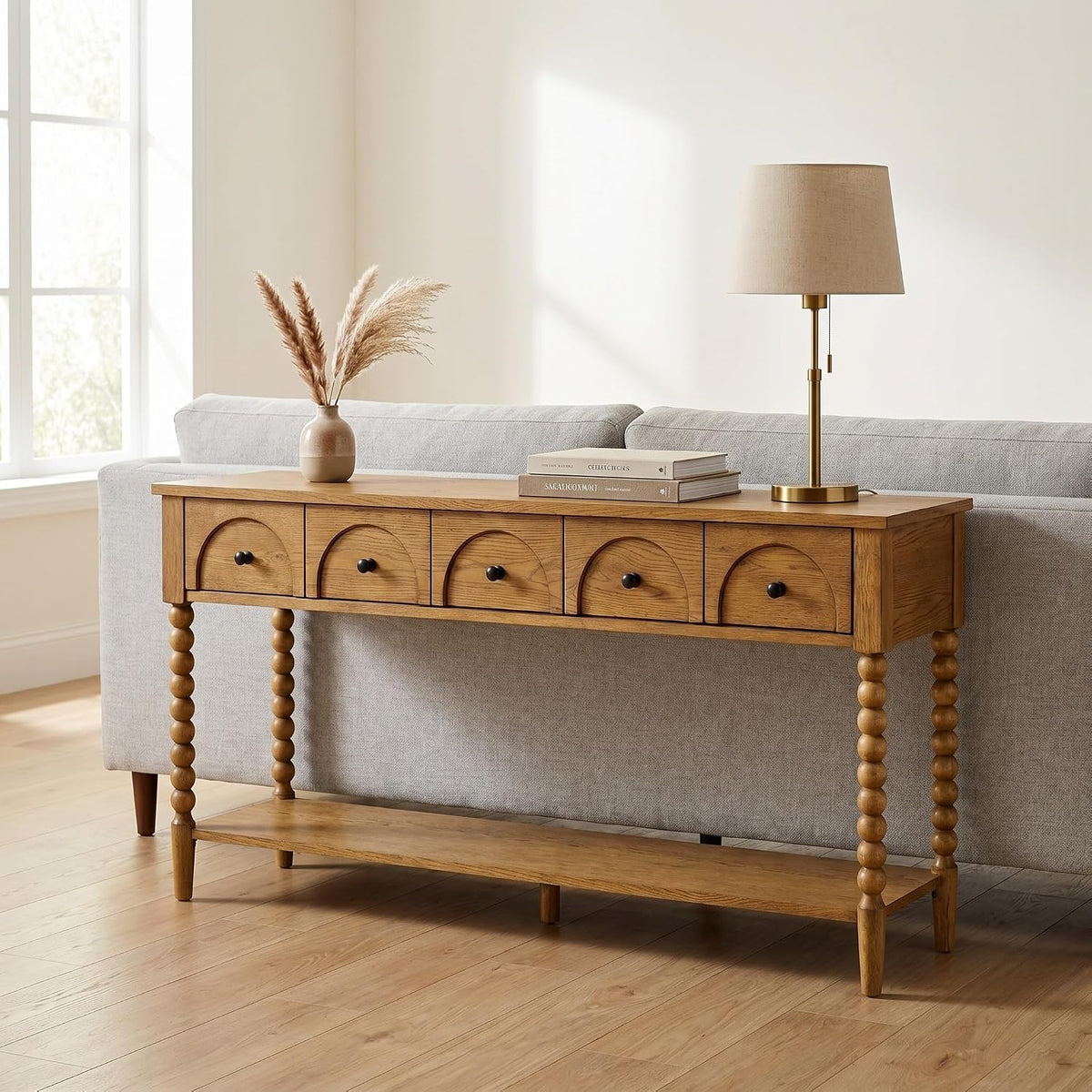 Pembroke 58” Cottage Sofa Console Table with Drawers & Lower Shelf Storage, Narrow Entryway Table or Dining Server with Levelers | Prairie Oak Natural