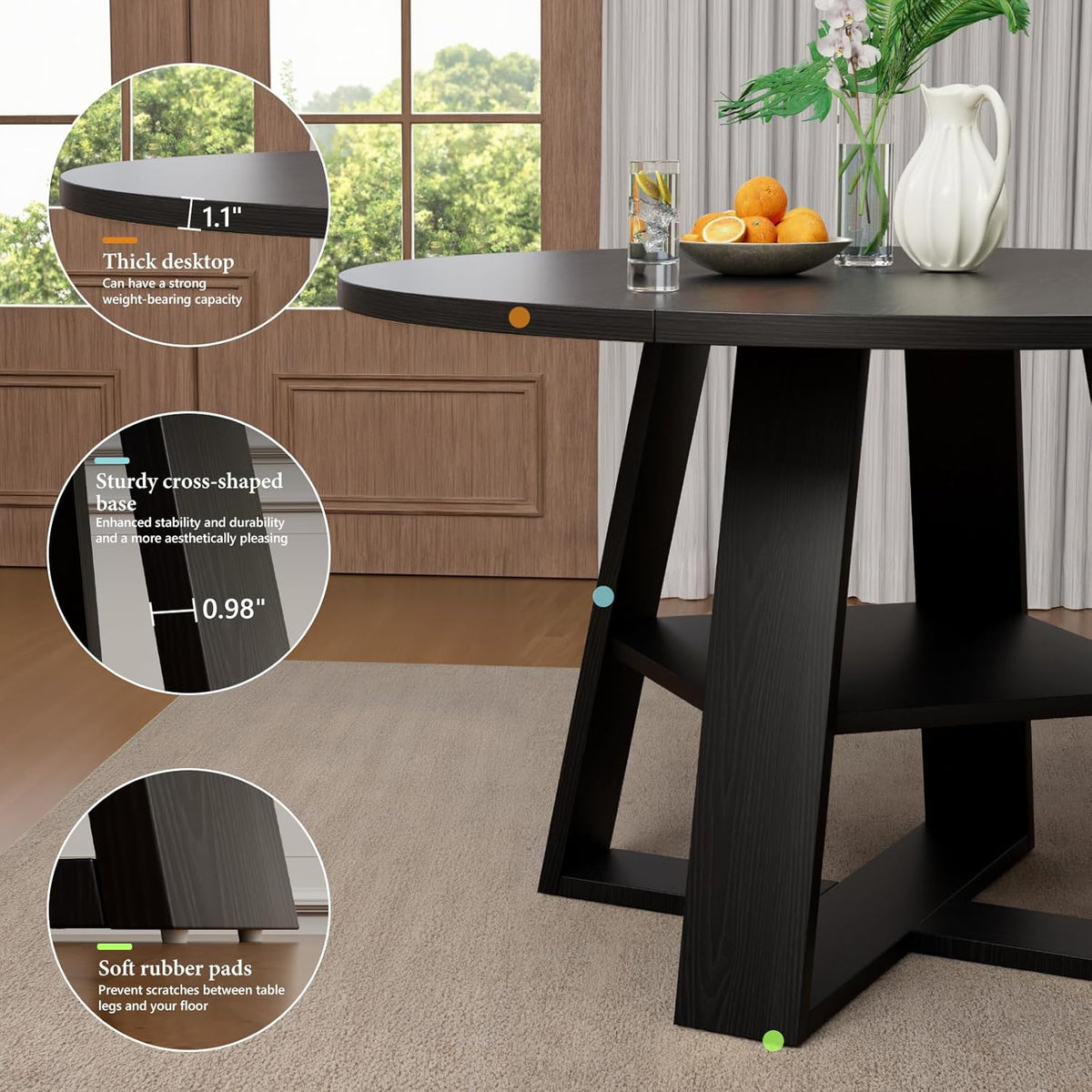 43 inch Round Dining Table for 4-6, Dining Table with Storage Shelf, Wood Grain Top, Sturdy Wood Legs, Space Saving Dinner Tables, Circle Kitchen Tables