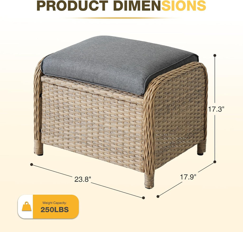Patio Ottomans Set of 2 with 3.6" Thick Cushions, Wicker Outdoor Couch Extension Set, Wicker Footstool All-Weather Rattan Seating Accessory for Backyard Furniture