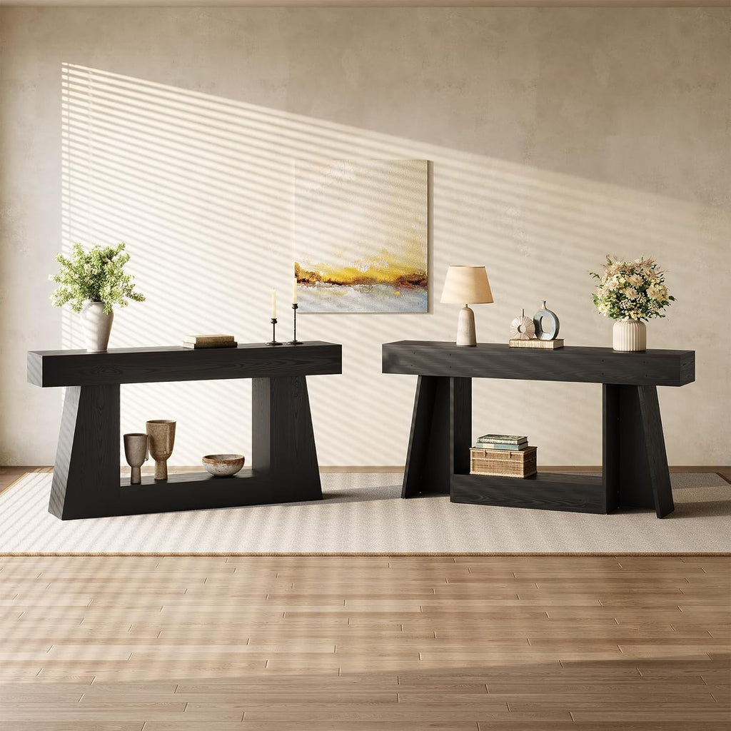 LITTLE TREE 63" Farmhouse Console Table with Storage, Rustic Sofa Table for Entryway, Narrow Long Sofa Table Behind Couch, Console Table for Living Room, Hallway—Versatile Storage Solution, Black