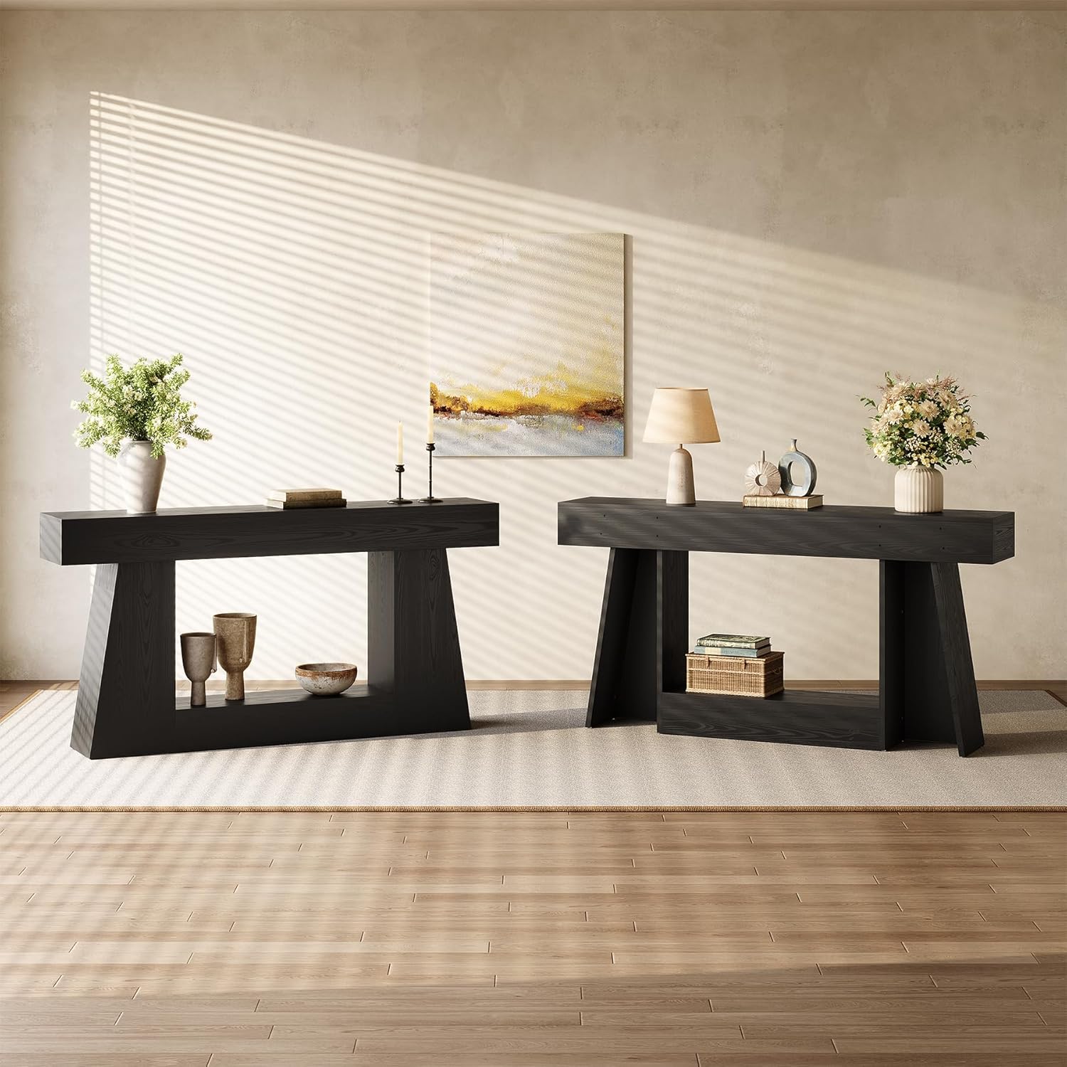 LITTLE TREE 63" Farmhouse Console Table with Storage, Rustic Sofa Table for Entryway, Narrow Long Sofa Table Behind Couch, Console Table for Living Room, Hallway—Versatile Storage Solution, Black
