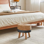 YMYNY Foot Stool, 12.6" Small Ottoman, Natural+Black,HBD027B | Natural Seagrass Hand Weave, Round Footrest, Non-Skid Wood Legs, Boho Style,for Living Room, Bedroom, Entryway