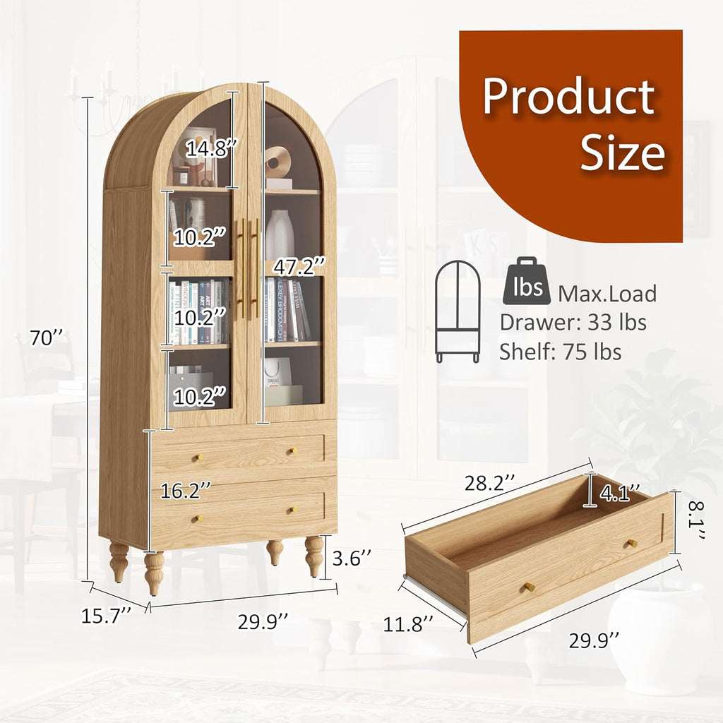 Vongrasig 71" Tall Arched Kitchen Pantry Storage Cabinet with Glass Doors, 2 Large Drawers, 6-Tier Tall Rustic Wood Cupboard Locker for Kitchen, Dining Room, Living Room, Bathroom,Natural