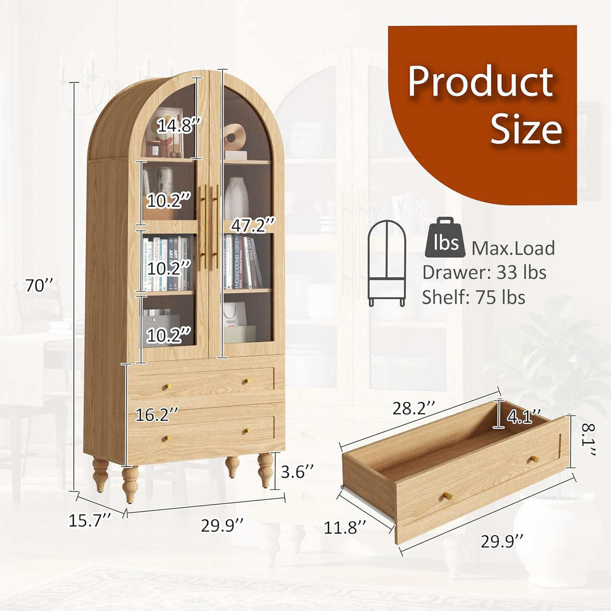 Vongrasig 71" Tall Arched Kitchen Pantry Storage Cabinet with Glass Doors, 2 Large Drawers, 6-Tier Tall Rustic Wood Cupboard Locker for Kitchen, Dining Room, Living Room, Bathroom,Natural