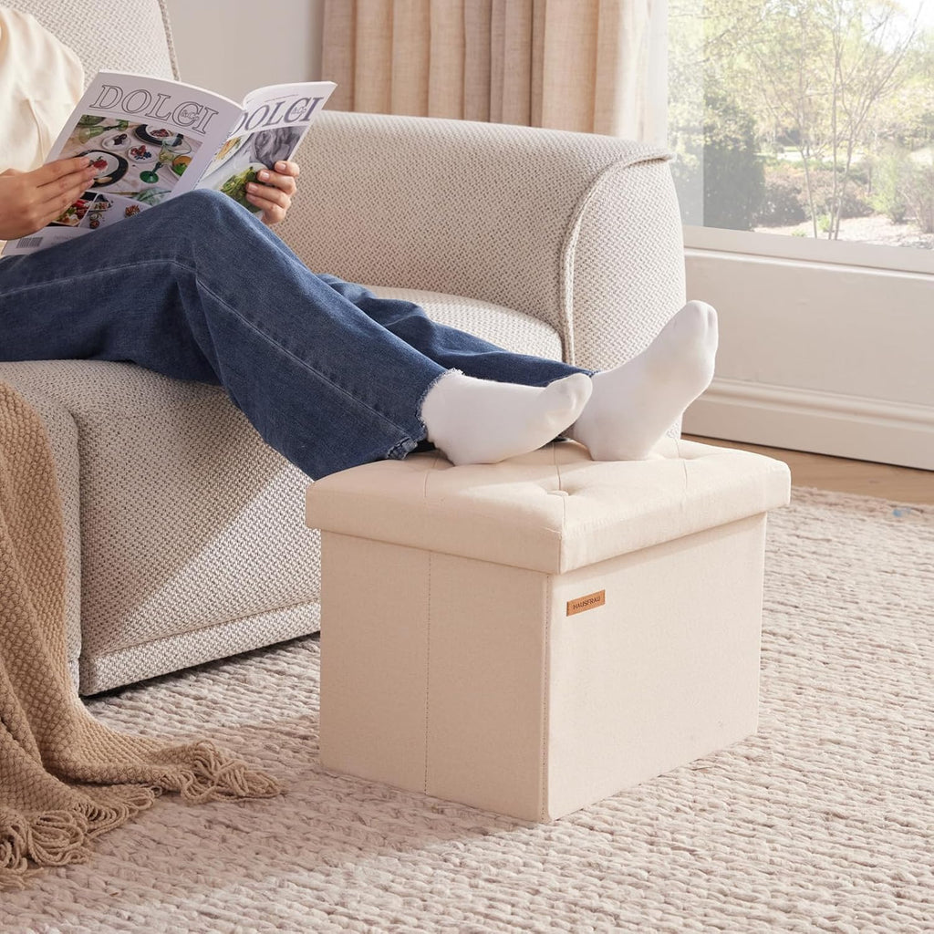HAUSFRAU Ottoman Storage Bench Small Folding Foot Rest Stool Linen Beige | Small Footrest Footstool, Bedroom Bench, Living Room Dorm Ottoman, Rectangle, Upholstered Botton Tufted