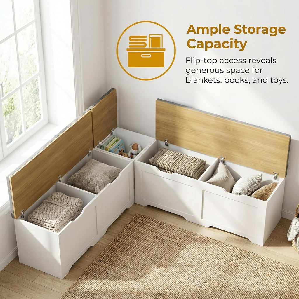 L-Shape Storage Bench with Cushion, 3-Pcs Large Capacity Entryway Chest Corner Seating Bench, Modern Modular Organizer Box for Kitchen, Living Room, Dining Room, Bedroom (White & Wood)