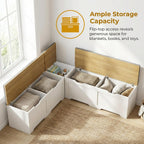 L-Shape Storage Bench with Cushion, 3-Pcs Large Capacity Entryway Chest Corner Seating Bench, Modern Modular Organizer Box for Kitchen, Living Room, Dining Room, Bedroom (White & Wood)