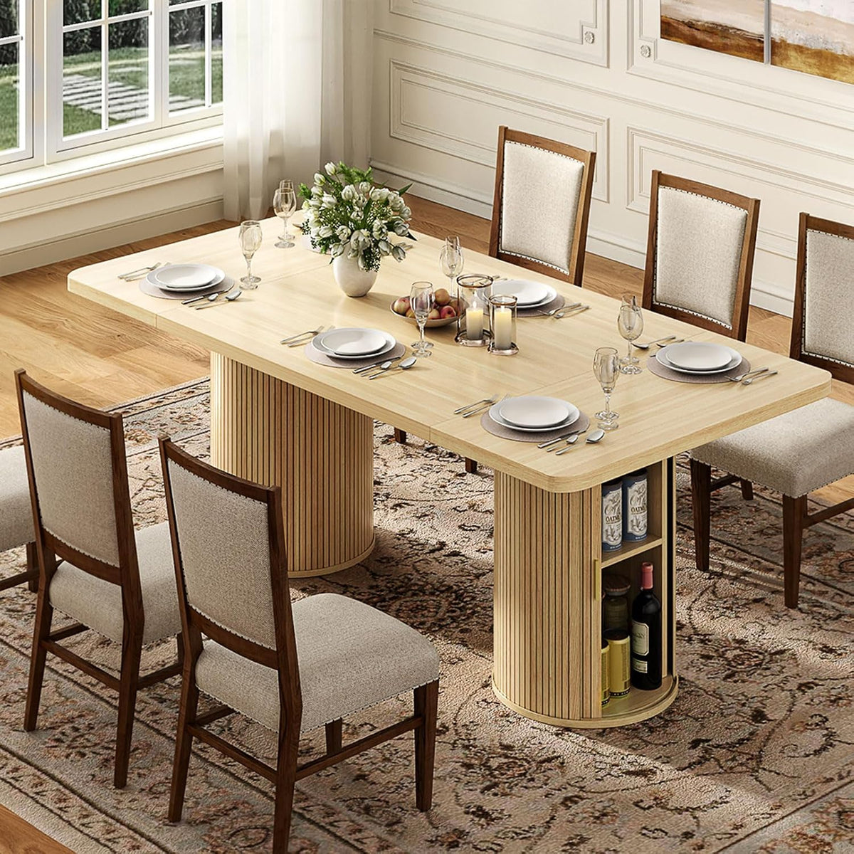 Gyfimoie 79" Dining Table for 8 to 10 People,Farmhouse Kitchen Dining Room Table with 2 Fluted Wood Strip Base & Slide Door,Mid Century Modern Dinner Table Furniture for Living Room,Kitchen,Natural