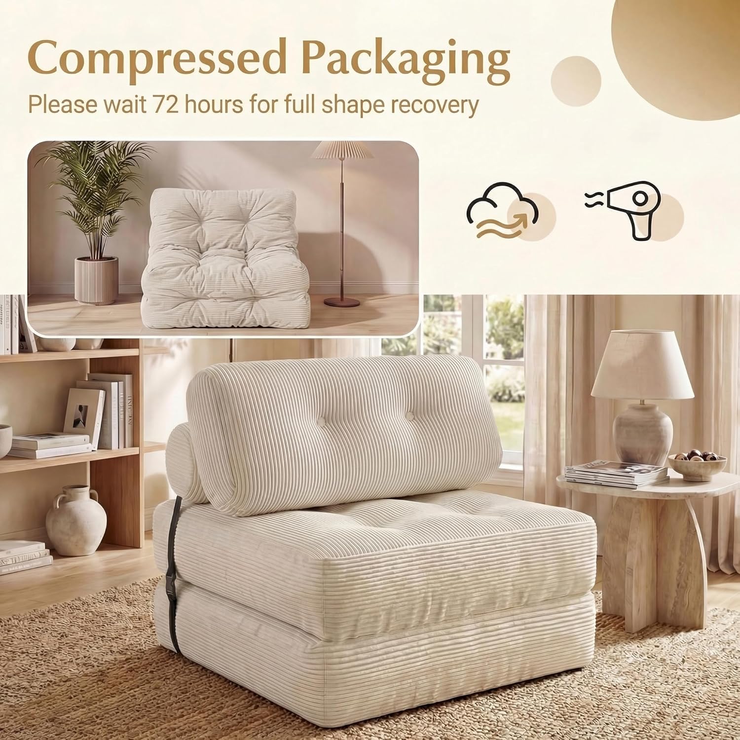 KOMFOTT Convertible Folding Sofa Bed with Pillow, Fold Out Sleeper Chair with Back Support, Tufted Corduroy Floor Sofa with Fixing Straps for Living Room Bedroom Guest Room (Beige)