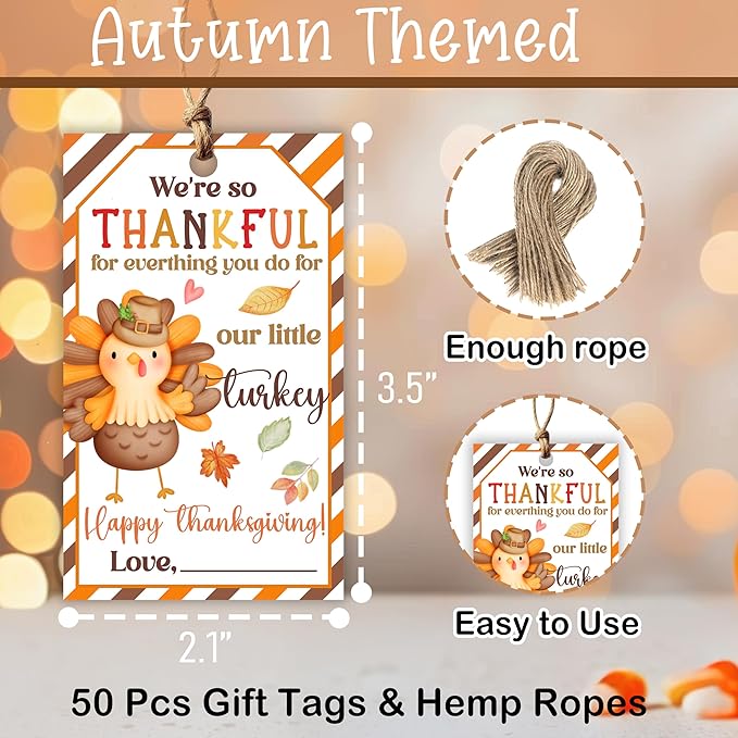 50 PCS Fall Gift Tags Thanksgiving Gift Tags with String, 2.1" x 3.5" Thanksgiving Design Present Label for Present Bags, Fall Party Favor Decorations, 4 Styles - A01