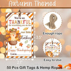 50 PCS Fall Gift Tags Thanksgiving Gift Tags with String, 2.1" x 3.5" Thanksgiving Design Present Label for Present Bags, Fall Party Favor Decorations, 4 Styles - A01
