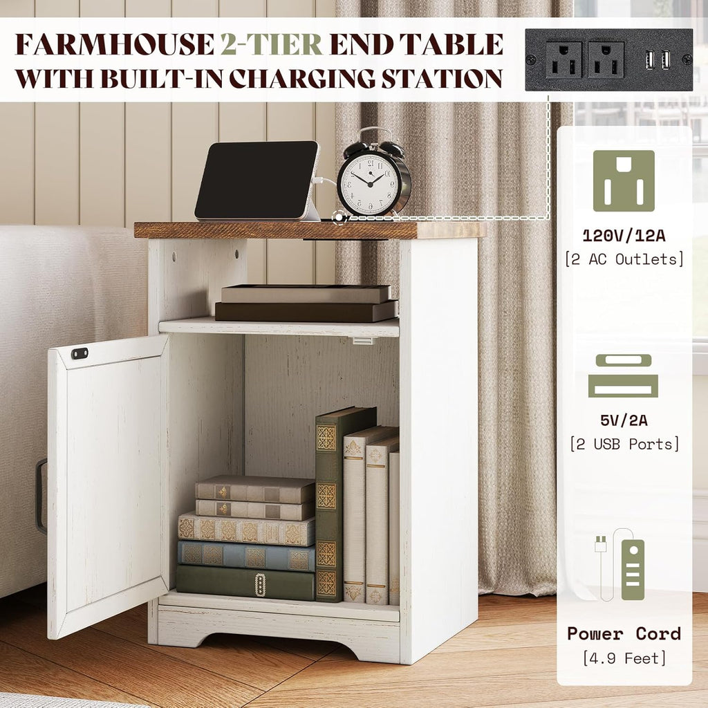 AMERLIFE 4-Piece Farmhouse Living Room Furniture Set with 66" TV Stand, Coffee Table & 2 End Tables, Barn Door Design, Large Storage Shelves, Built-in Charging Station & USB Ports, Distressed White