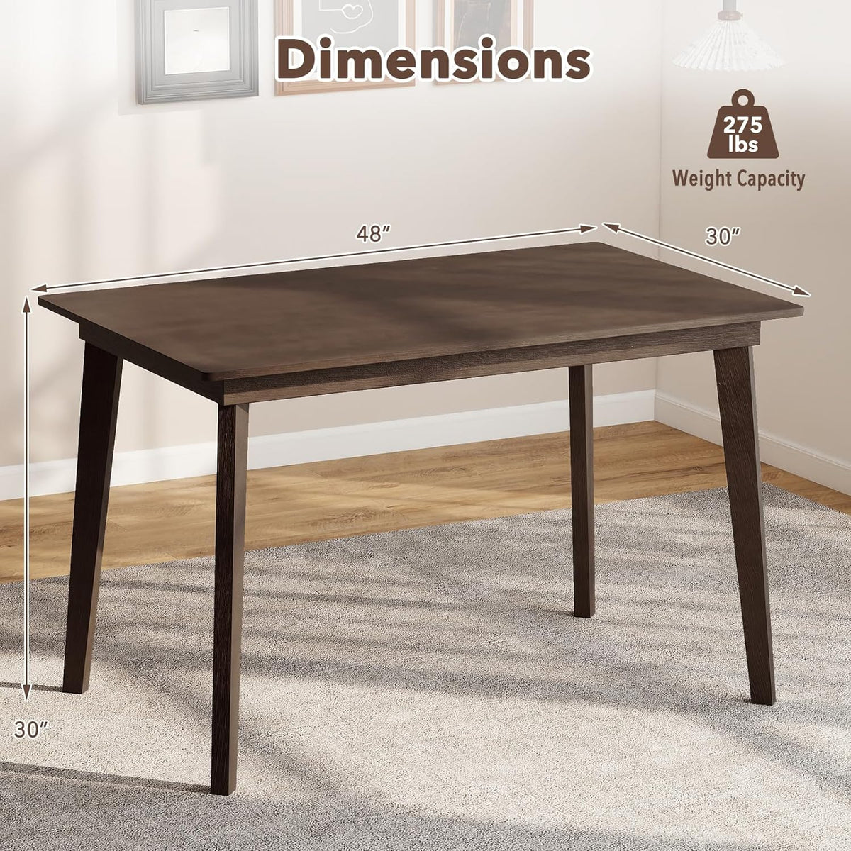 Giantex Dining Table for 4, 48" Rectangular Wooden Kitchen Table with Solid Rubber Wood Legs, Mid Century Modern Dinner Table for Dinette, Living Room, Home Office (Brown)