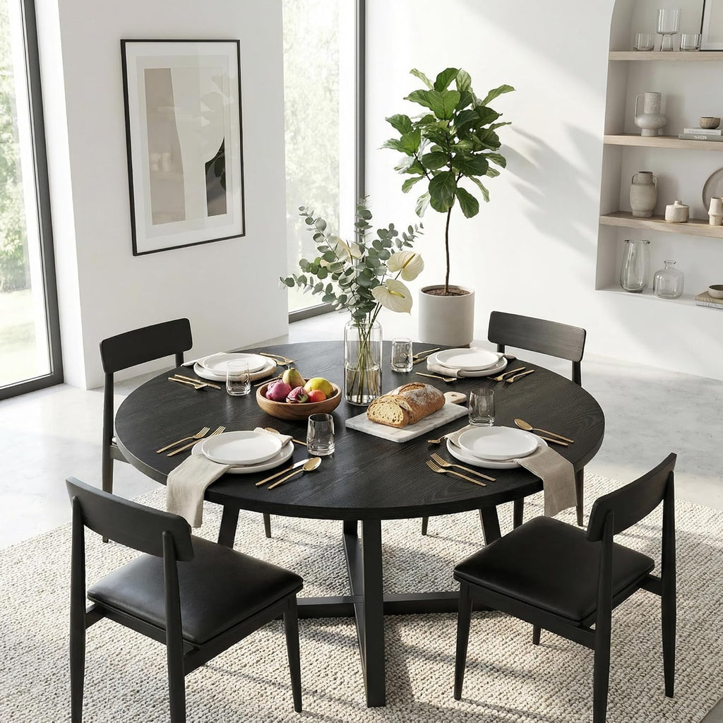 knoworld Round Dining Table for 4-6 with Storage Shelf, Kitchen & Dining Room Circle Pedestal Table, Heavy Duty Metal Frame & Wood Top