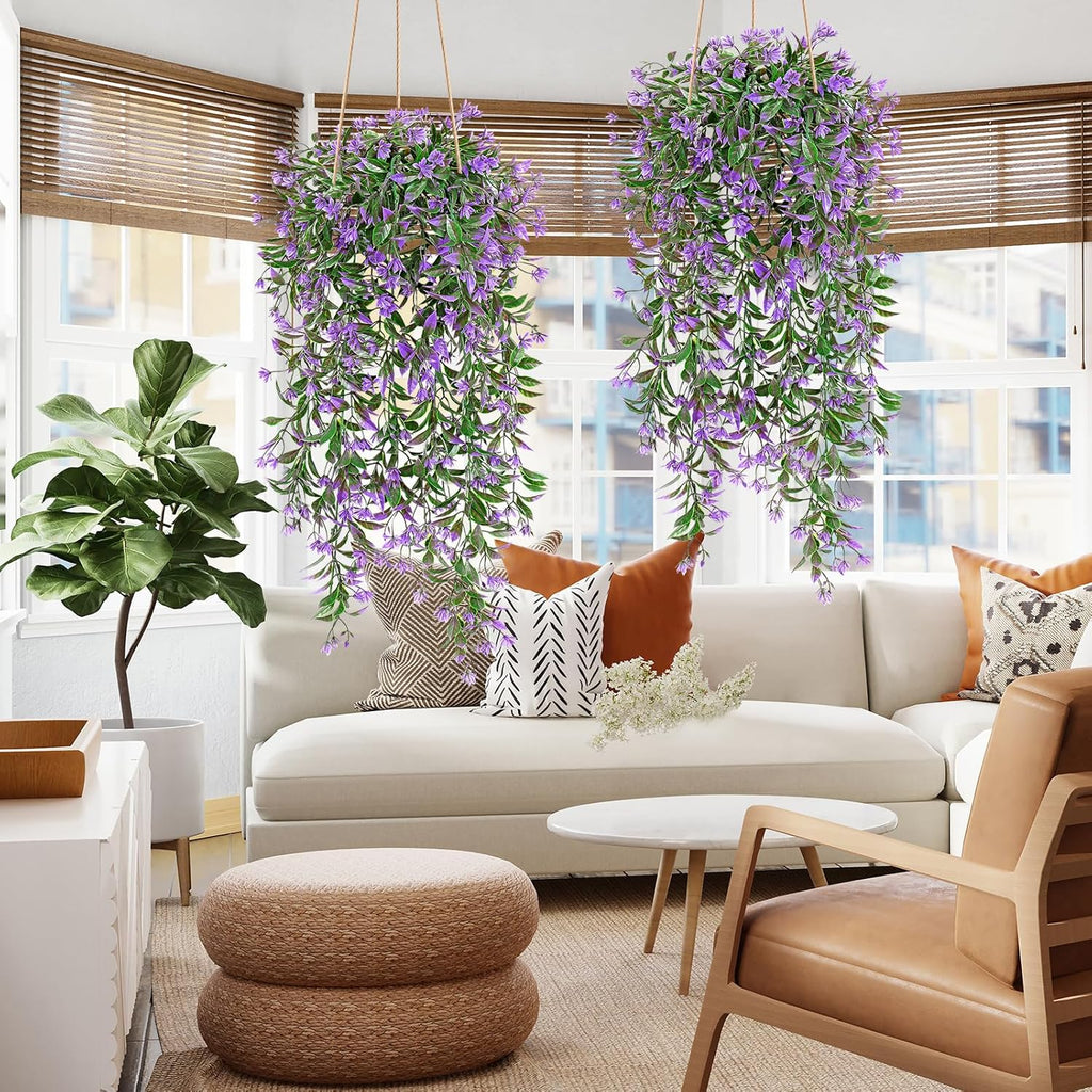 TOCHGREEN 4Pcs Artificial Hanging Plants Fern Vine, Faux Plastic Plants Fake Ivy Vine Greenery Garland with Purple Flower, Outdoor Indoor Decorations for Living Room Balcony Garden Wall Home Decor