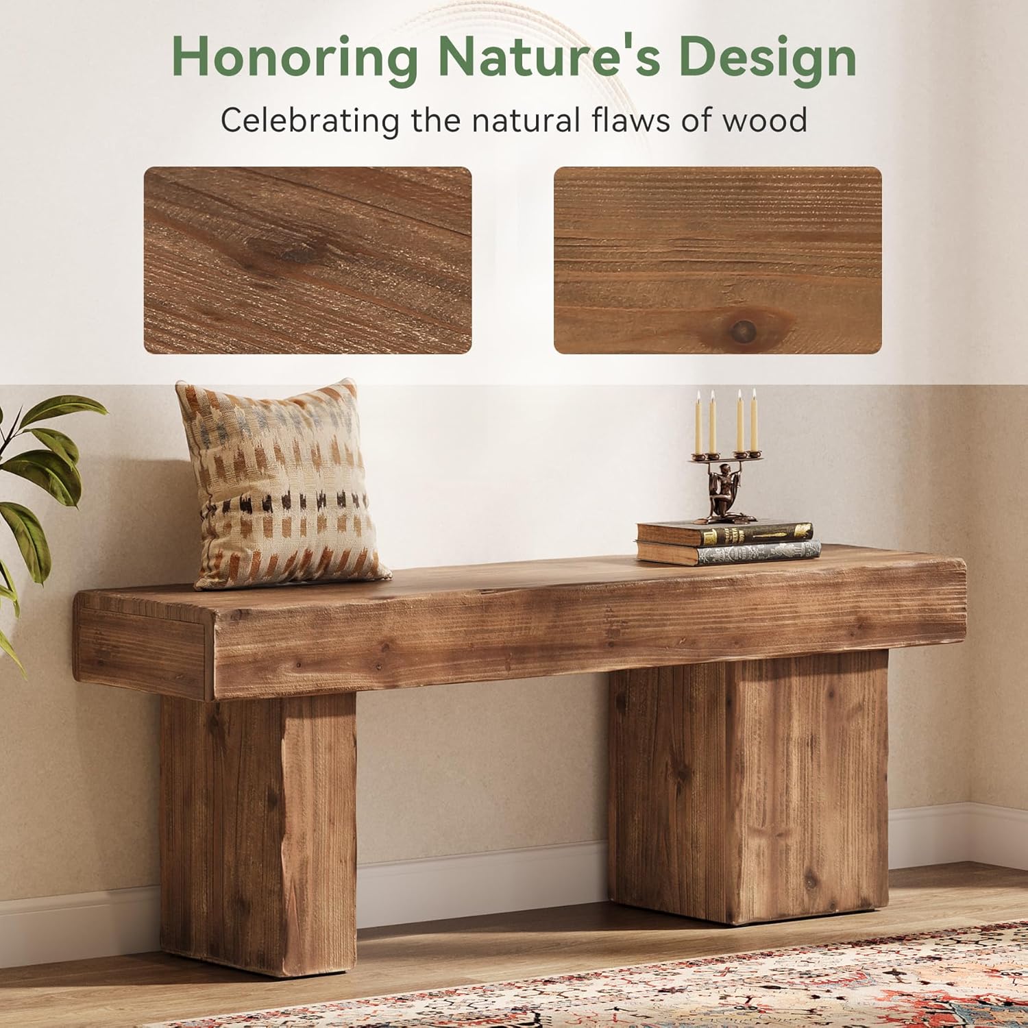 Solid Wood Bench, 47” Farmhouse Entryway Bench with Thickened Seat & Artistic Legs, Heavy Duty Indoor Bench for Bedroom, Hallway, Living Room, Indoor, Porch, Natural